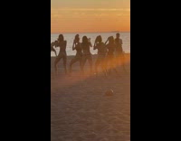 Group women bikini unsynchronized dance beach sunset