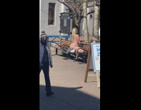 Blonde woman pink thong kneel over bench