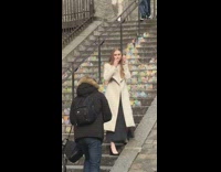 Black and white skirt lady blocks stairs