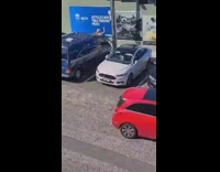 Girl blue leggings peace sign black van