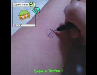 Girl draws alien characters on arm 