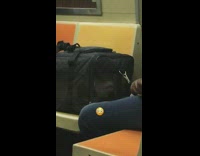 Man has his pet pig inside of a bag cage on subway train