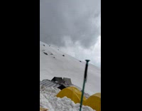 Collab PubityPets - Man Inside Tent Peaks Outside Snowy Mountain