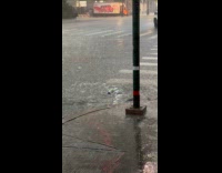 Swirling plastic bottles float on flood water