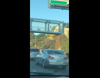 Guy sits in middle of freeway bridge