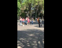 Five people group dance cover at park