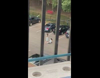 Girl off shoulder sit ground car railings