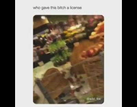 Girl wheelchair shopping cart knocks down fruits