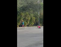 Guy blue top hold dumbbells leg exercise part 2