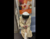 Woman wear astronaut mask sit inside train