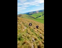 Drone flies through the tire rolls downhill