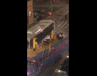 blue school bus yellow air tube man