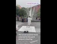 Girl stands white paper black paint park 