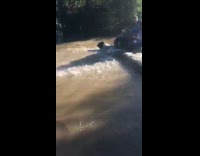 guy riding atv four wheeler in shallow river