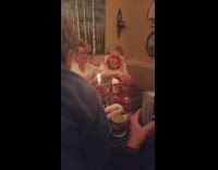 Old woman play pie face cream falls down