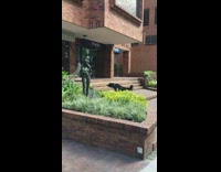 Black dog barks at statue of lady carrying little boy 