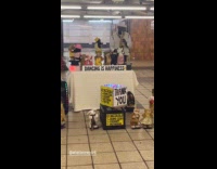 Man play saxophone animal puppets dance subway