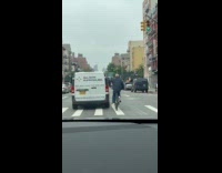 Guy rides bike holds at moving truck