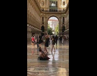 Woman black dress raise hands middle chapel