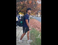 Man jumping into leaf piles and rating them 