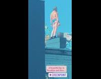 Shirtless guy blue speedo white house rooftop 