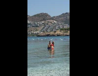 Red bikini girl guy selfie lake water