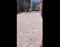 Two girls jump shot pavement outside store