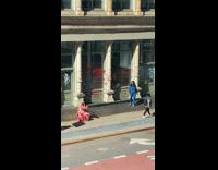 Woman all blue step street glass graffiti