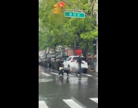 Collab WINY - Woman walk dog with raincoat on street raining