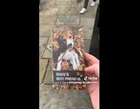 Woman receives flyer with dog on it 