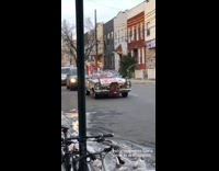 santa in white convertible car music and decorations 