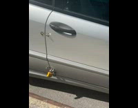 Two bolt on locks on the door of a grey car parked along the sidewalk 
