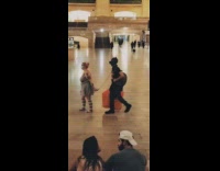 Black striped dress girl guy on leash