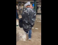 Man wear plastic bag on head and body