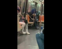 Collab Subway Creatures - Girl lights cigarette on subway blue cup 