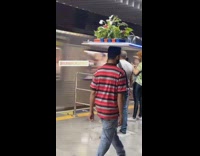 Guy balances board with plants on head 