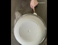 Cat under large grey plastic bowl finger 