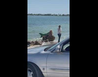 Woman green mermaid costume top of rock