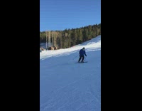Man in blue jacket skis down hill