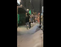 Woman jean jacket snow photoshoot sidewalk