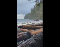 Two shirtless guys pose on beach rocks