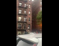 Man on hoverboard with horn dog behind him