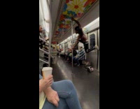 Collab Subway Creatures - Man shirtless performs inside the subway train