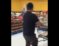 Collab Hoodclips - Guy puts painting and clothes back into cold food area walmart