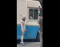 Silver bodysuit guy fake birds on shoulder 