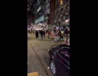 Group roller skaters parades on the street