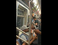 Collab Subway Creatures - Man hangs snakes on the train handrail