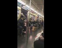 man in giant ball can't fit in subway doors