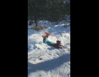 Guy in blue overalls backflips on skis and scorpions into the snow face first