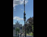 Guy climbs lamppost and balances yellow ball on head 